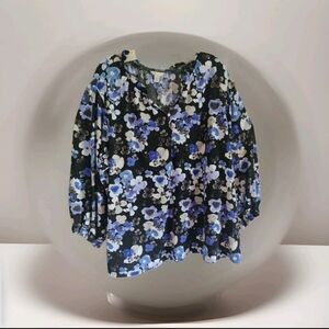 Cato Retro Floral Blouse 22/24W Plus Size Black Blue White V-Neck Y2K Style